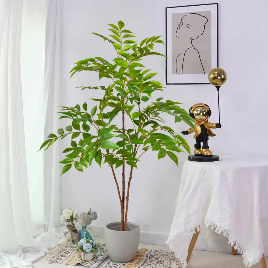 76-140cm Large Artificial Ficus Tree Branch Fake Lacquer Tree Plastic Banyan Plants Green Tall Palm Leaves For Home Garden Decor